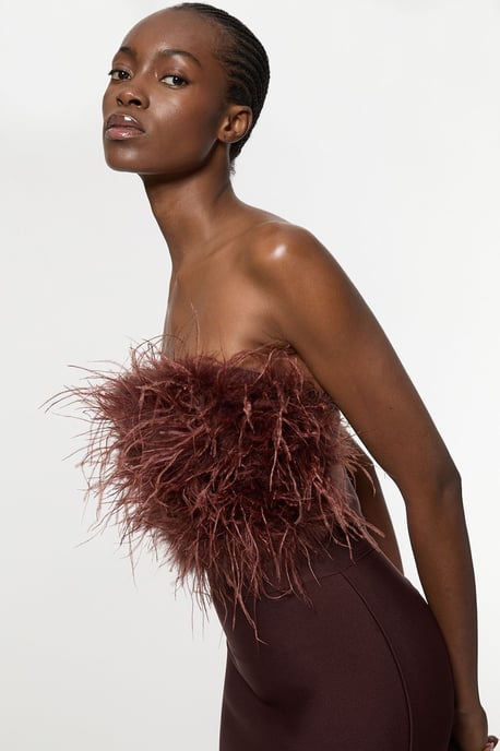 Petite Figure Form Bandage Feather Detail Bandeau Knit Midi Dress - Image 2