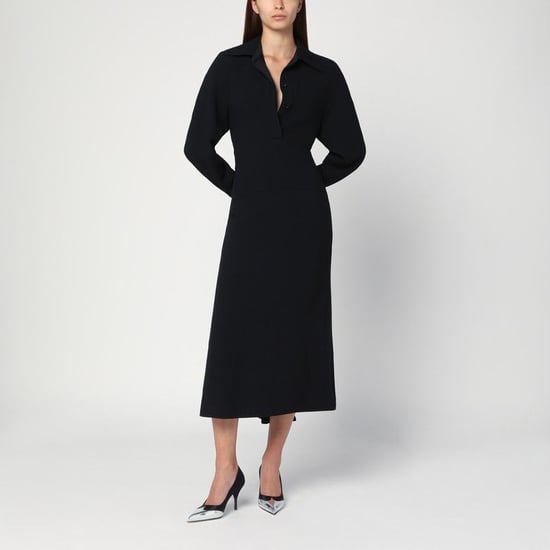 Zwarte Satin Midi Kraagjurk - Image 1