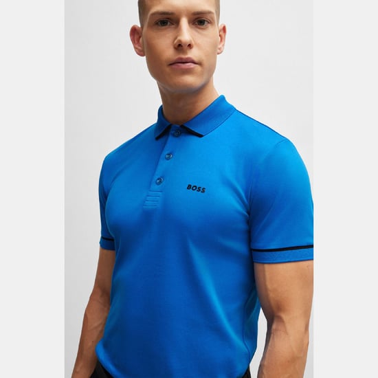 Men's Boss Paule Interlock Cotton Slim Fit Polo Shirt in Blue - Image 3