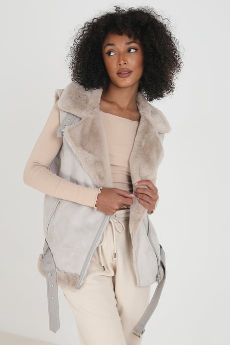 Light Stone Faux Suede Aviator Gilet With Faux Fur Lining - Image 1
