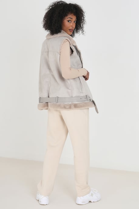 Light Stone Faux Suede Aviator Gilet With Faux Fur Lining - Image 2