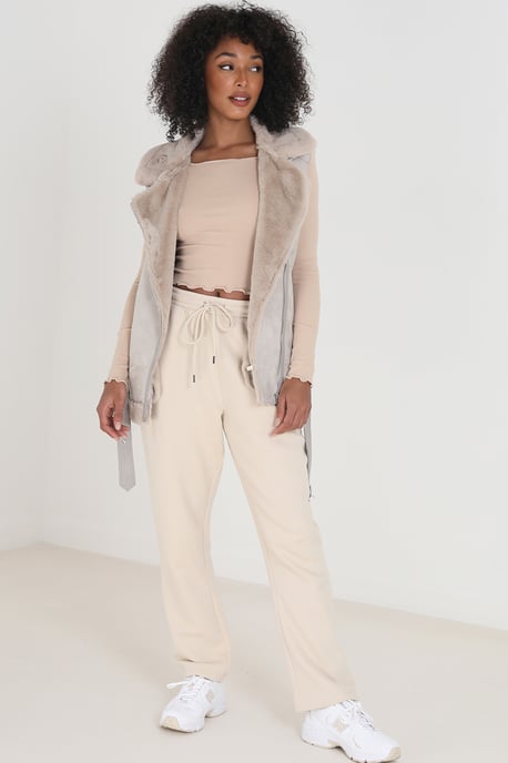 Light Stone Faux Suede Aviator Gilet With Faux Fur Lining - Image 3