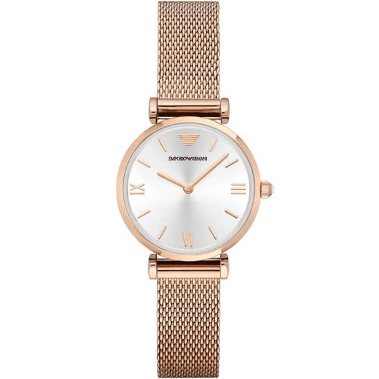 Emporio Armani AR1956 Gianni T-Bar Ladies Rose Gold Mesh Watch - Image 1