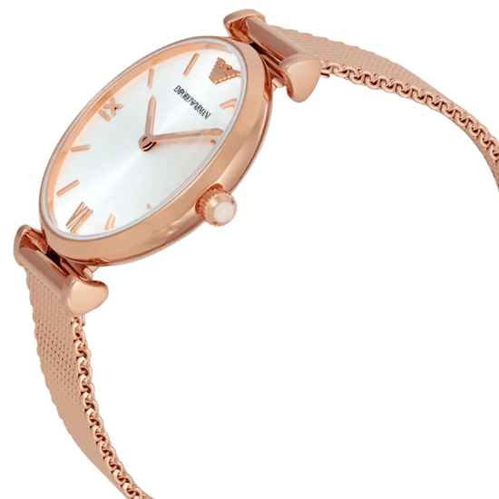 Emporio Armani AR1956 Gianni T-Bar Ladies Rose Gold Mesh Watch - Image 6