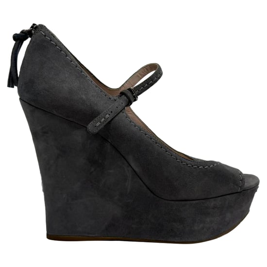 Miu Miu Mary Jane Peep-Toe Wedge Pumps in Grey Suede - Image 1