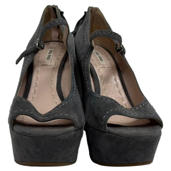 Miu Miu Mary Jane Peep-Toe Wedge Pumps in Grey Suede - Image 2