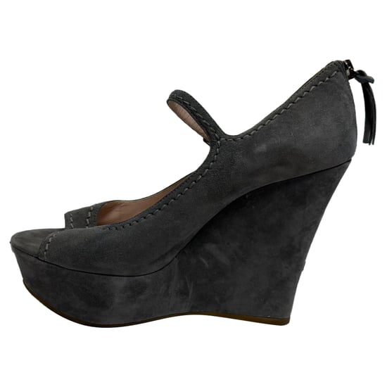 Miu Miu Mary Jane Peep-Toe Wedge Pumps in Grey Suede - Image 4