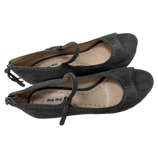 Miu Miu Mary Jane Peep-Toe Wedge Pumps in Grey Suede - Image 5