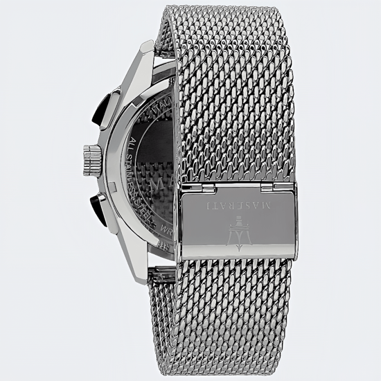 Maserati Traguardo herenhorloge met chronograaf, zwarte wijzerplaat en zilverkleurige mesh armband - Image 2