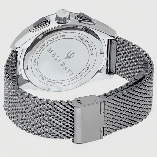 Maserati Traguardo herenhorloge met chronograaf, zwarte wijzerplaat en zilverkleurige mesh armband - Image 3