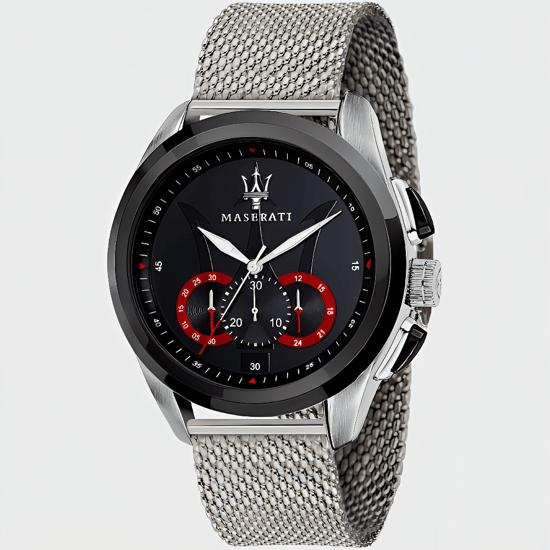 Maserati Traguardo herenhorloge met chronograaf, zwarte wijzerplaat en zilverkleurige mesh armband - Image 4