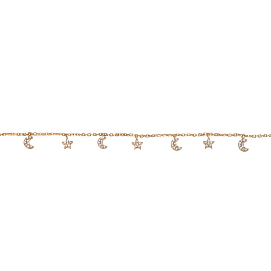 Gold Plated Sterling Silver Moon & Star CZ Charm Anklet - Image 2