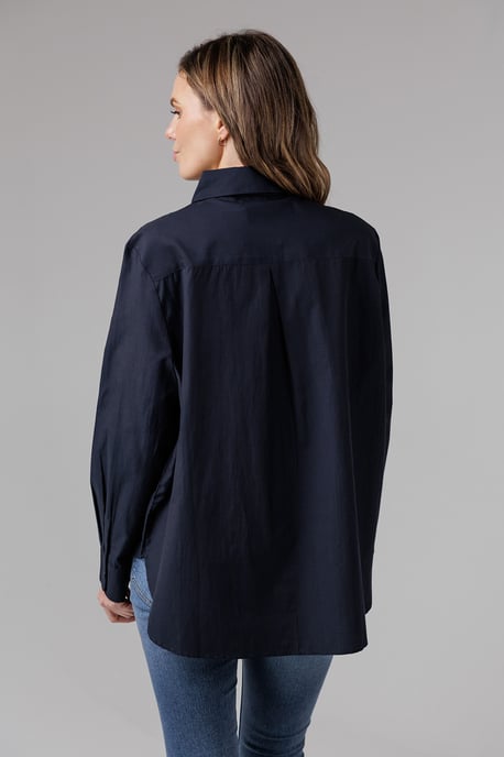 Navy Cotton Long Sleeve Chest Pocket Poplin Popover High-Low Hem Shirt - Image 2