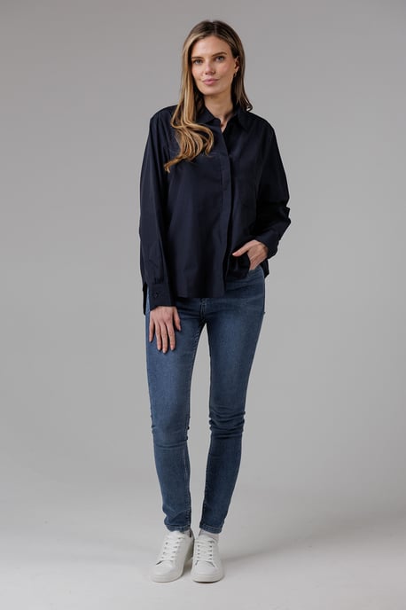 Navy Cotton Long Sleeve Chest Pocket Poplin Popover High-Low Hem Shirt - Image 3