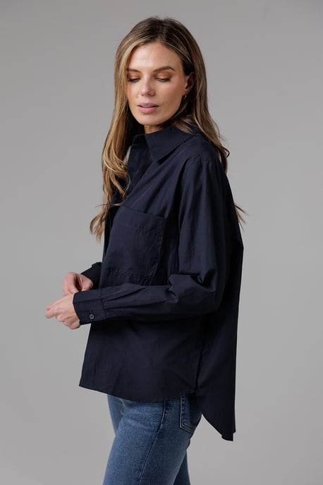 Navy Cotton Long Sleeve Chest Pocket Poplin Popover High-Low Hem Shirt - Image 4