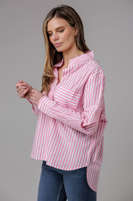 Pink Cotton Relaxed-Fit Long Sleeve Striped Popover High-Low Hem Shirt - Image 1