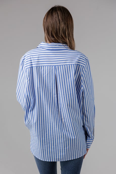 Blue Cotton Relaxed-Fit Long Sleeve Striped Popover High-Low Hem Shirt - Image 2