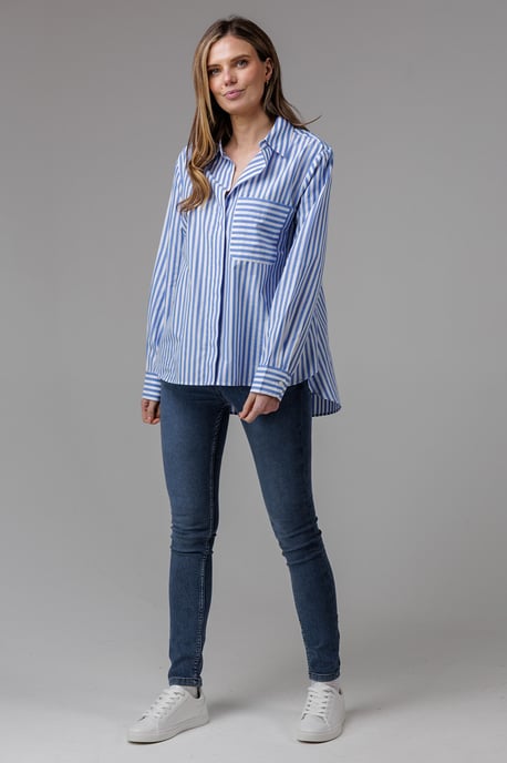 Blue Cotton Relaxed-Fit Long Sleeve Striped Popover High-Low Hem Shirt - Image 3
