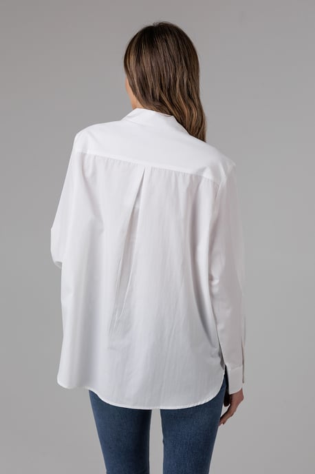 White Cotton Long Sleeve Chest Pocket Poplin Popover High-Low Hem Shirt - Image 2