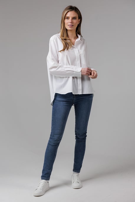 White Cotton Long Sleeve Chest Pocket Poplin Popover High-Low Hem Shirt - Image 3