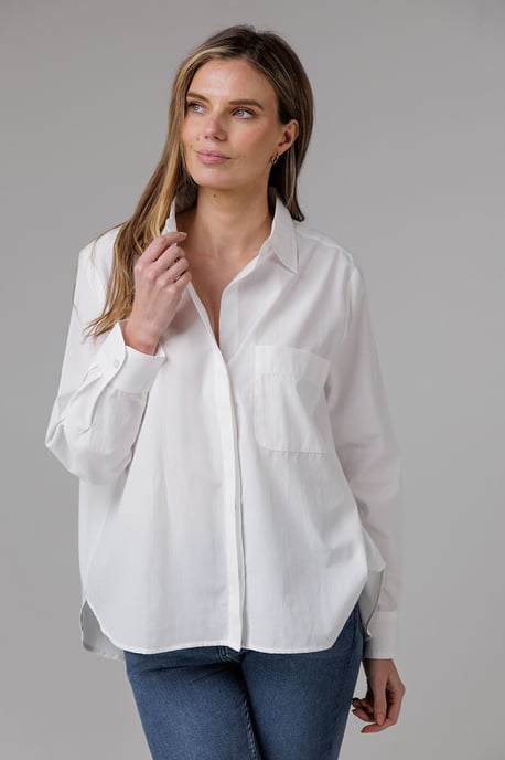 White Cotton Long Sleeve Chest Pocket Poplin Popover High-Low Hem Shirt - Image 4