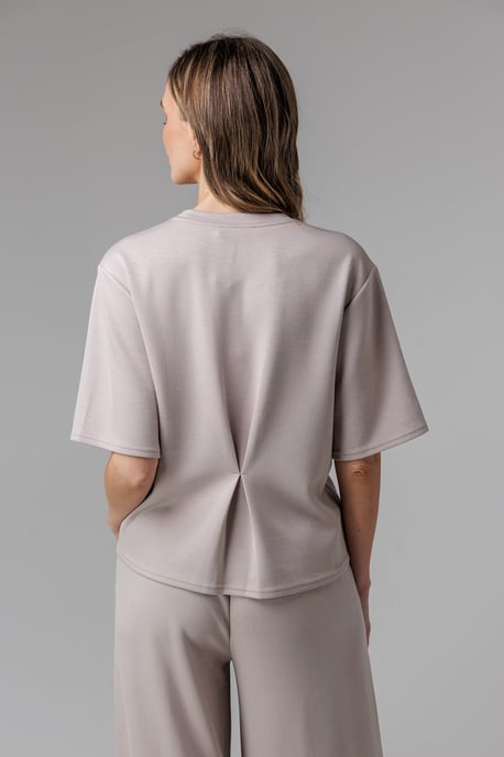 Beige Luxe Short Sleeve Crew Neck Pinched Top - Image 2