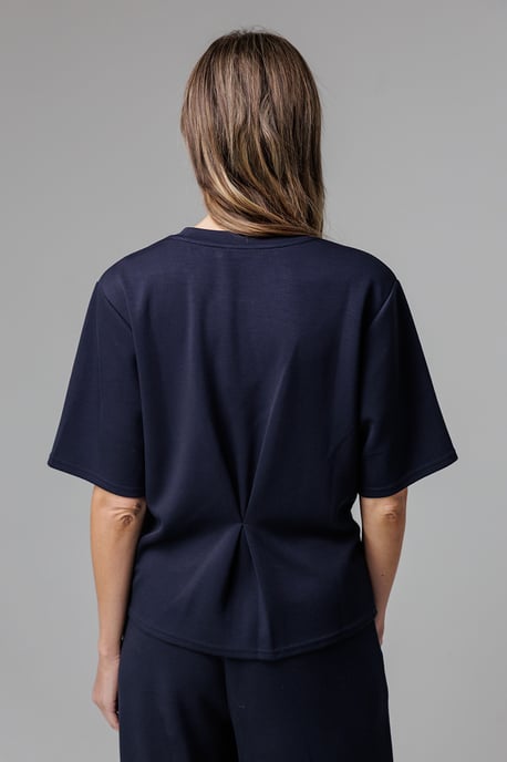 Navy Luxe Short Sleeve Crew Neck Pinched Top - Image 2