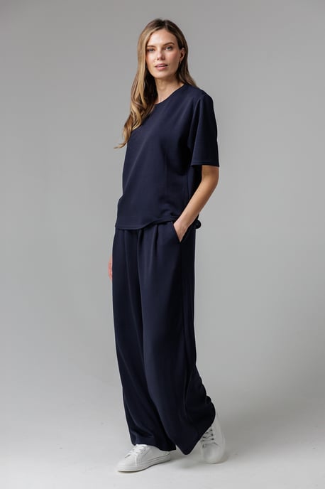 Navy Luxe Short Sleeve Crew Neck Pinched Top - Image 3