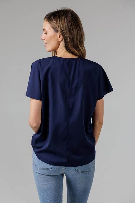 Navy Crew Neck Short Sleeve Crepe Top - Image 2
