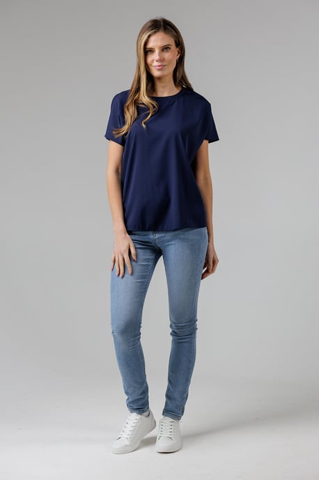 Navy Crew Neck Short Sleeve Crepe Top - Image 3