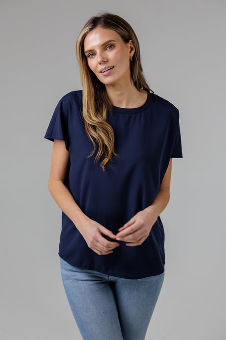 Navy Crew Neck Short Sleeve Crepe Top - Image 4