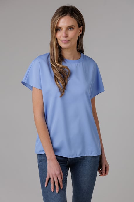 Blue Crew Neck Short Sleeve Crepe Top - Image 1