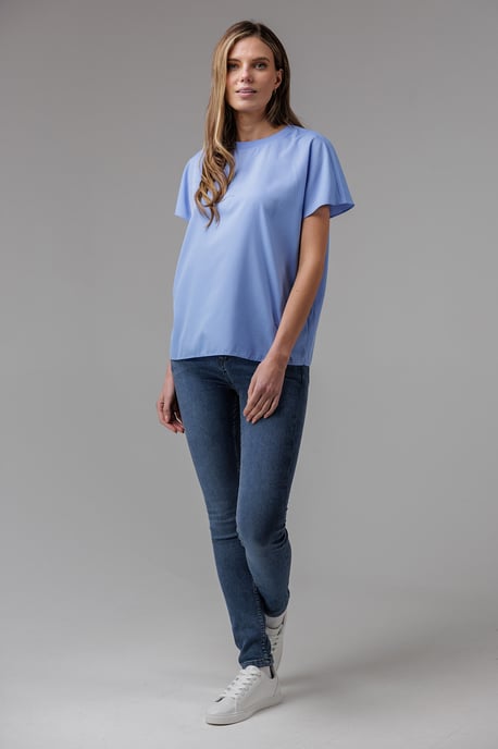 Blue Crew Neck Short Sleeve Crepe Top - Image 3