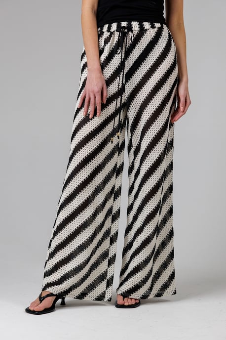 Black Cotton Blend Stripe Crochet Elasticated Drawstring Wide Leg Trousers - Image 1