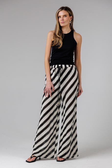 Black Cotton Blend Stripe Crochet Elasticated Drawstring Wide Leg Trousers - Image 3