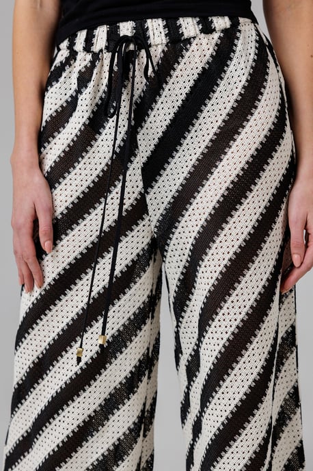 Black Cotton Blend Stripe Crochet Elasticated Drawstring Wide Leg Trousers - Image 4