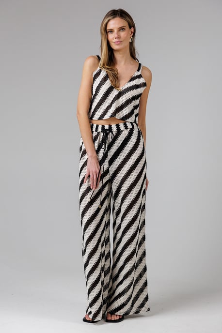 Black Cotton Blend Stripe Crochet Elasticated Drawstring Wide Leg Trousers - Image 5