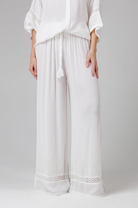 White Crinkle Trim Elasticated Drawstring Waist Wide Leg Trousers - Image 1