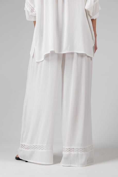 White Crinkle Trim Elasticated Drawstring Waist Wide Leg Trousers - Image 2