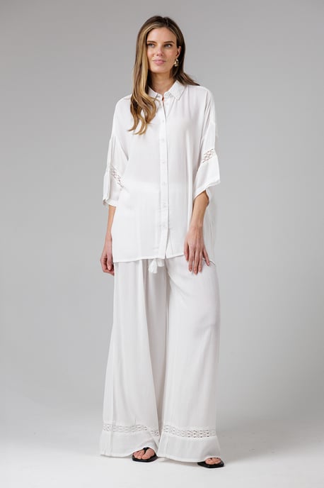 White Crinkle Trim Elasticated Drawstring Waist Wide Leg Trousers - Image 3