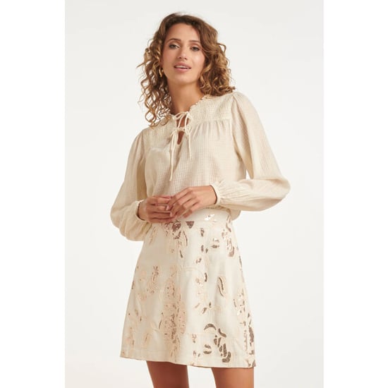 Smashed Lemon Crème blouse met gesmokte details en boho rijgsluiting | - Image 1
