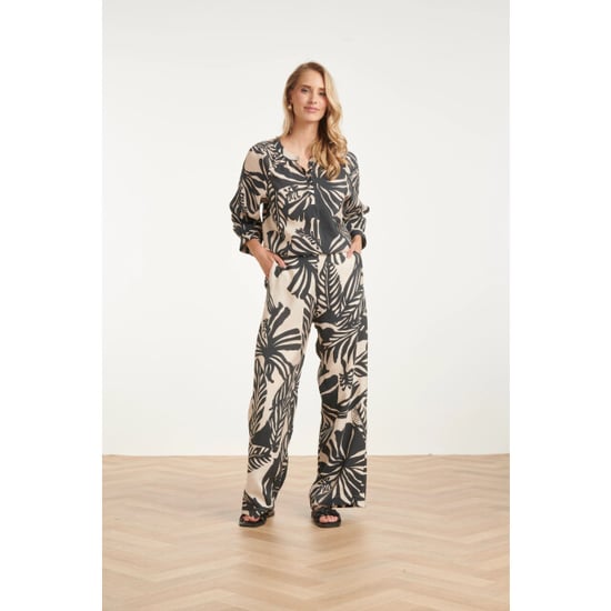 Smashed Lemon Wide leg pantalon met tropische blad print in zwart en ecru | - Image 1