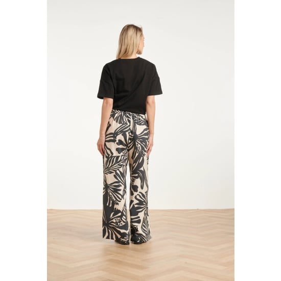Smashed Lemon Wide leg pantalon met tropische blad print in zwart en ecru | - Image 3