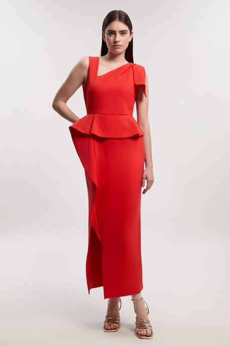 Compact Stretch Ruffle Peplum Belted Pencil Midi Dress - Image 1