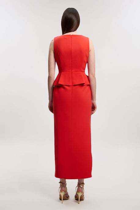 Compact Stretch Ruffle Peplum Belted Pencil Midi Dress - Image 3