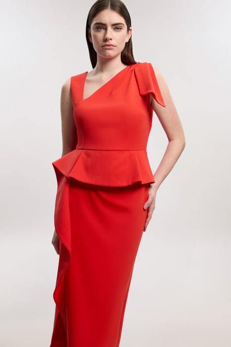 Compact Stretch Ruffle Peplum Belted Pencil Midi Dress - Image 4