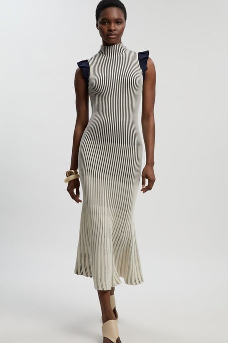 Pointelle Frill Sleeve Knit Midi Dress - Image 1
