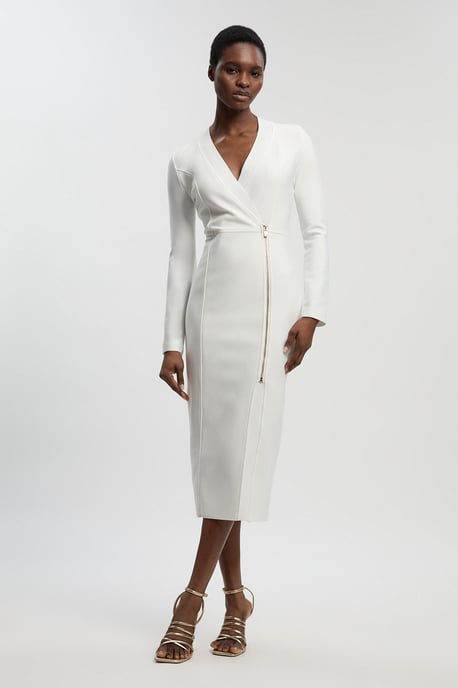 Figure Form Bandage Asymmetric Zip Detail Midi Dress - Image 1