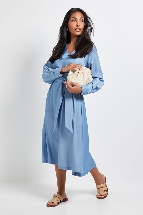 Petite Denim Look Tie Waist Midi Dress - Image 1