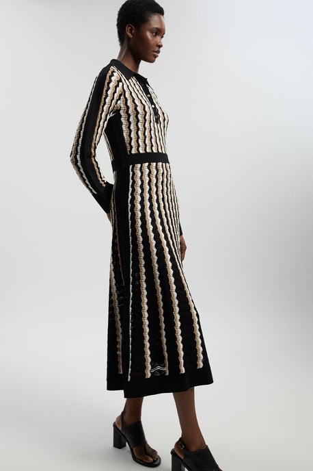 Knit Pointelle Contrast Collared Midi Dress - Image 1
